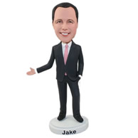 Custom boss waving his one hand with another hand putting into pocket bobble heads