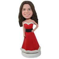 Custom young women wearing Christmas res dress bobble heads